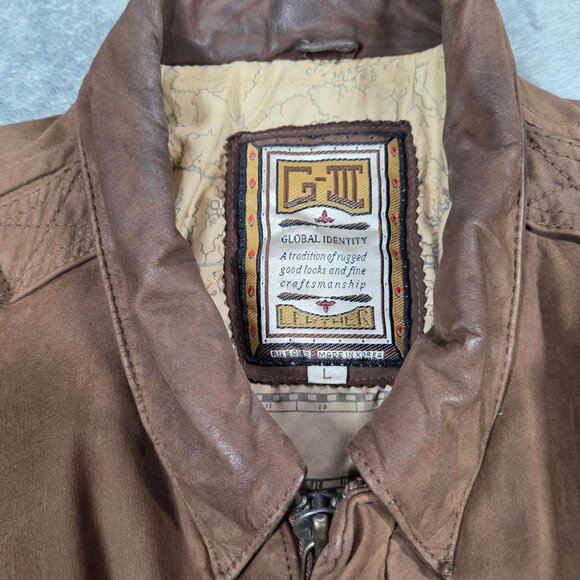 Vtg G-III Global Identity Jacket Mens L Brown Leather Bomber Aviator Map Lined - Picture 3 of 16